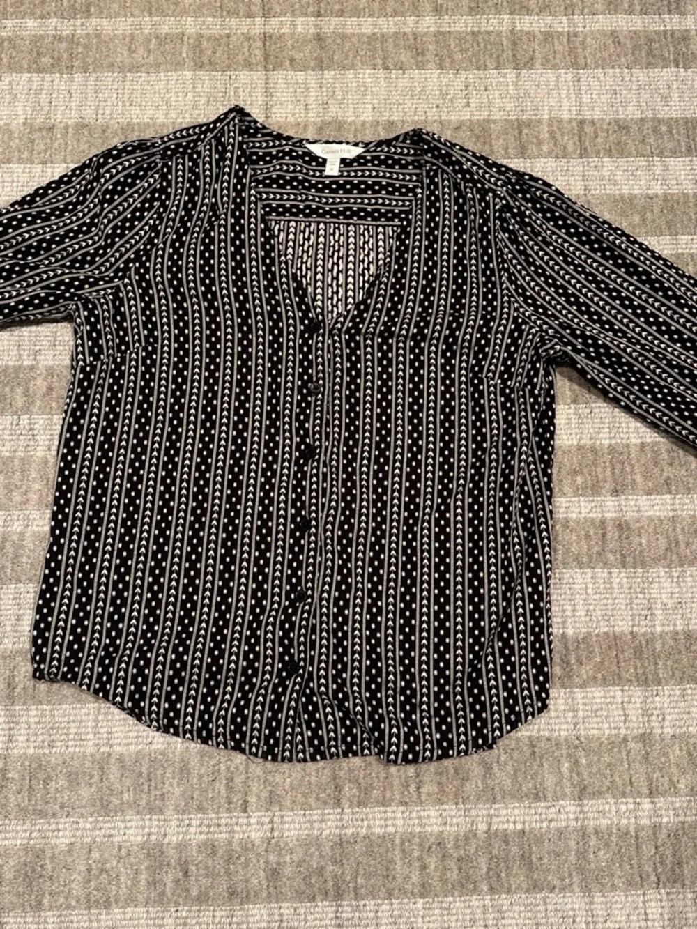 Garnet Hill Black and White Striped Button-Front V-Neck Top